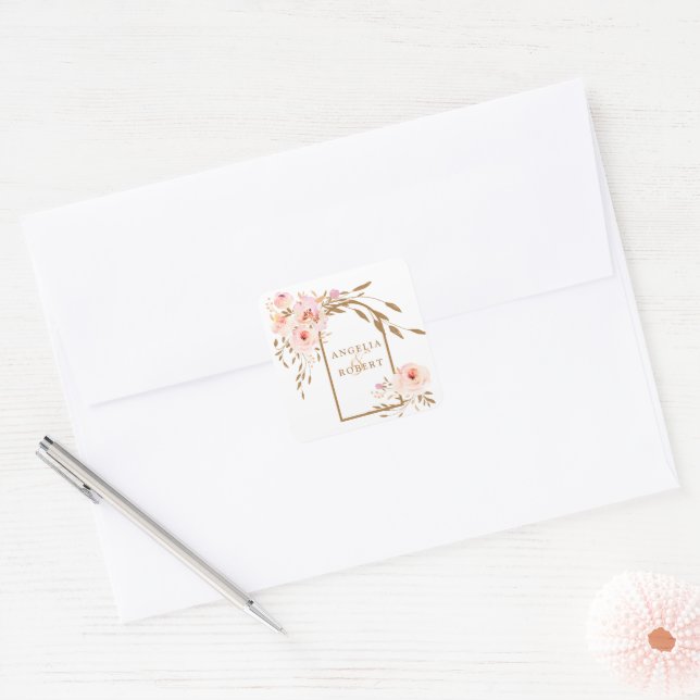 Romantic Watercolor Pink Blush Gold Roses  Square Sticker (Envelope)