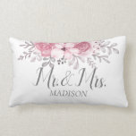 Romantic Watercolor Pink Florals Mr & Mrs Wedding  Lumbar Pillow<br><div class="desc">For wedding</div>