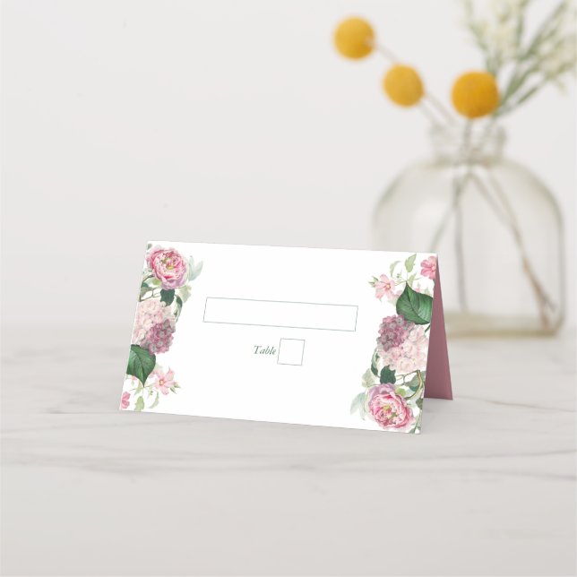 Romantic Watercolor Pink Flowers Garden Wedding Place Card (Front)