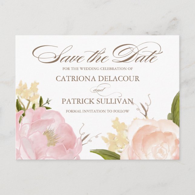Romantic Watercolor Pink Flowers Save The Date Announcement Postcard (Front)