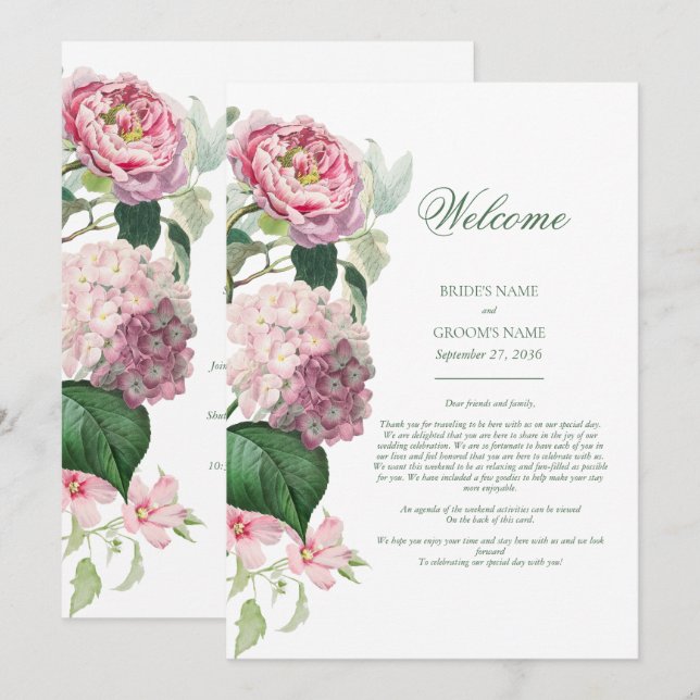 Romantic Watercolor Pink Flowers Wedding Itinerary Program (Front/Back)
