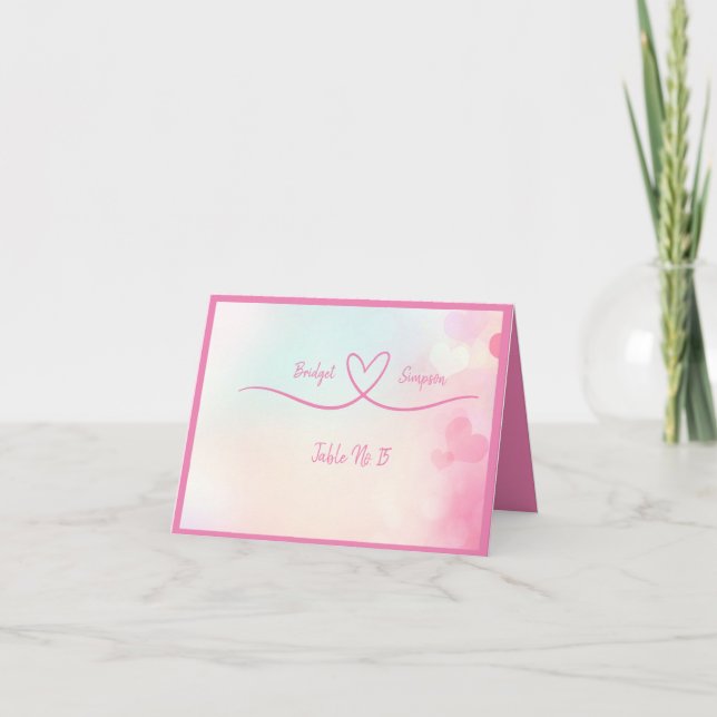 romantic watercolor pink heart guest Seating Cards (Front)