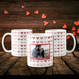 Romantic Watercolor Pink Hearts Couple Name Photo  Coffee Mug