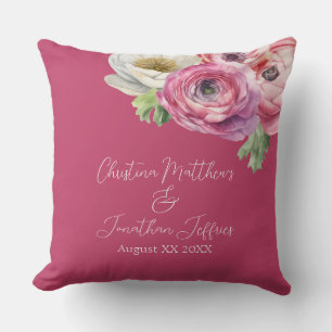 Romantic Watercolor Pink Ranunculus on Blush Throw Pillow