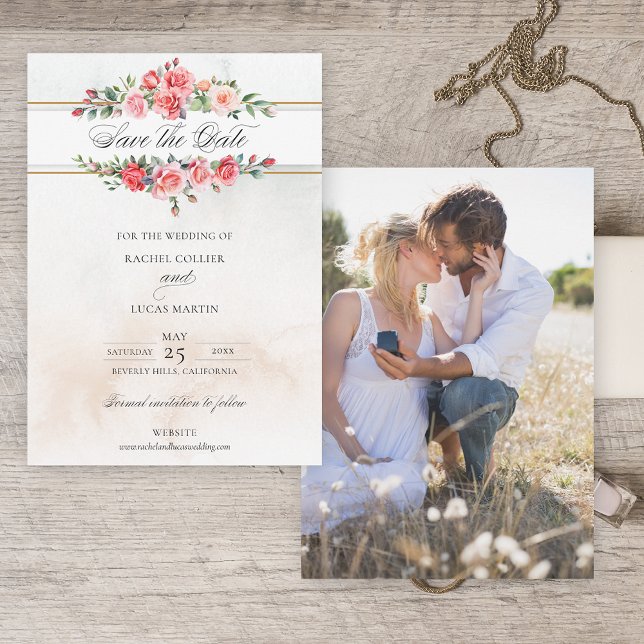 Romantic Watercolor Pink Roses & Calligraphy Save The Date (Creator Uploaded)