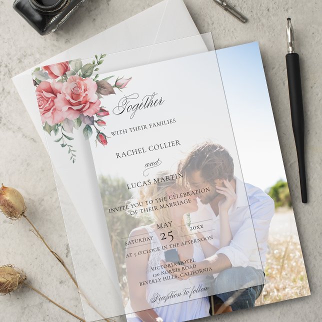 Romantic Watercolor Pink Roses & Calligraphy Vellum Invitations (Creator Uploaded)