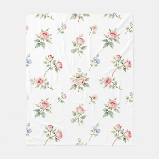 Romantic Watercolor Pink Roses Pattern Fleece Blanket (Front)