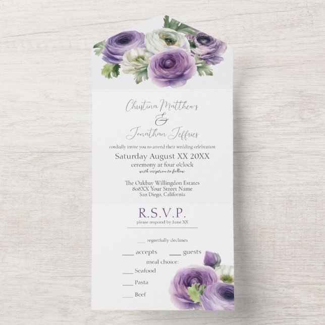 Romantic Watercolor Purple & White Ranunculus All In One Invitation (Inside)