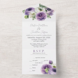 Romantic Watercolor Purple & White Ranunculus All In One Invitation