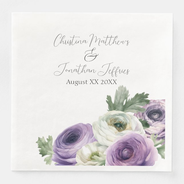 Romantic Watercolor Purple & White Ranunculus Napkin (Front)