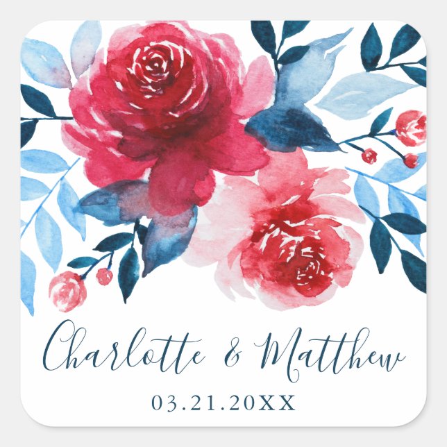 Romantic Watercolor Red Blue Floral Wedding Square Sticker (Front)