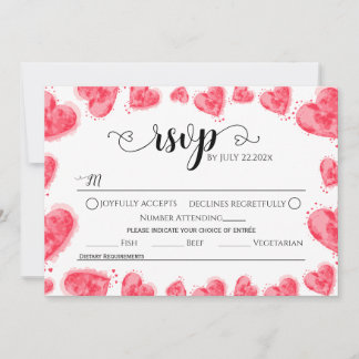 Romantic Watercolor Red Hearts Wedding RSVP Card  