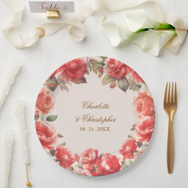 Romantic Watercolor Red Roses Floral Wedding Paper Plate (Wedding)