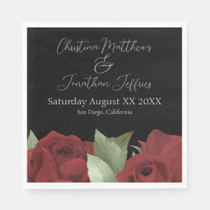 Romantic Watercolor Red Roses on Black Napkin