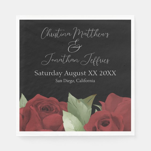 Romantic Watercolor Red Roses on Black Napkin (Front)