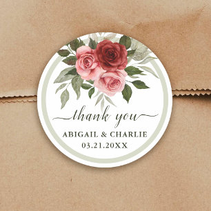 Romantic Watercolor Red Roses Wedding Thank You Classic Round Sticker