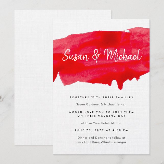 Romantic Watercolor Red Wedding Invitation (Front/Back)