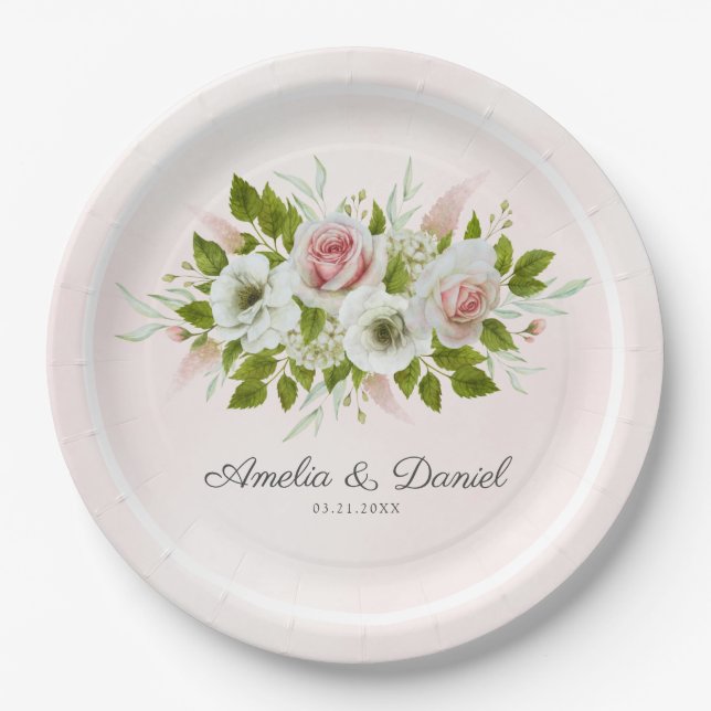 Romantic Watercolor Roses Floral Paper Plate (Front)