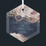 Romantic Watercolor Roses on Navy Blue Wedding Glass Ornament<br><div class="desc">This wedding keepsake ornament has a glamourous vintage fairy tale theme. The background is a faded,  dark navy blue with watercolor roses with glitter accents.  Romantic blush coloured roses are pictured with ink patterns and glam faux gold glitter accents. String lights accent the flowers at the top.</div>