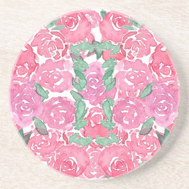 Romantic Watercolor Roses Pink Red Floral Pattern Coaster (Front)