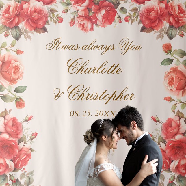 Romantic Watercolor Roses Wedding Photo Backdrop Tapestry (Creator Uploaded)