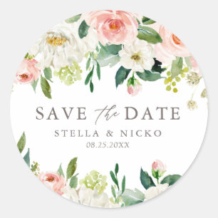 Romantic Watercolor Spring Bloom Save the Date Classic Round Sticker
