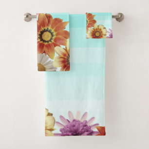 Romantic ,Watercolor Stripes,Flowers Bath Towel Set