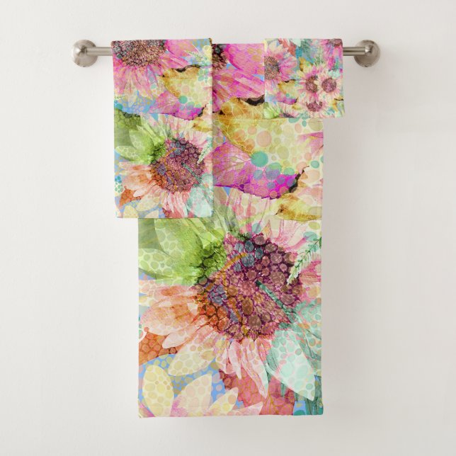 Romantic Watercolor Sunflower Pattern Bath Towel Set (Insitu)