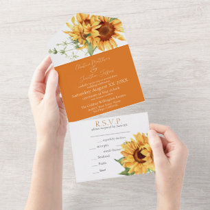 Romantic Watercolor Sunflowers on Burnt Orange All In One Invitation