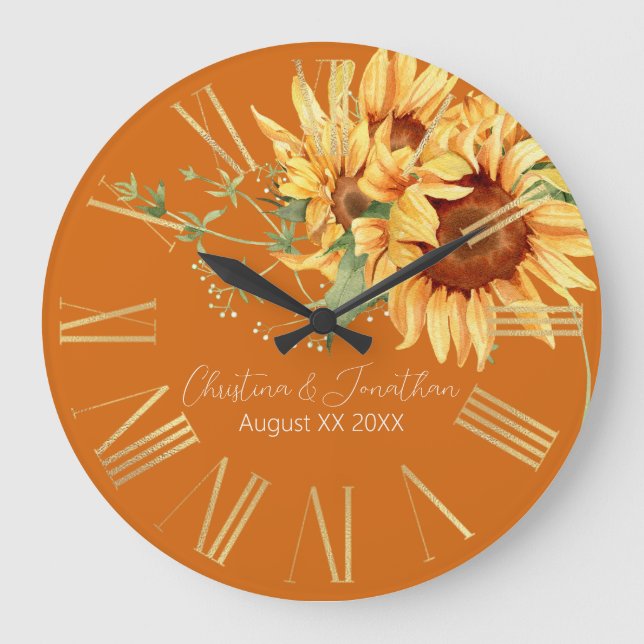 Romantic Watercolor Sunflowers on Burnt Orange Large Clock (Front)
