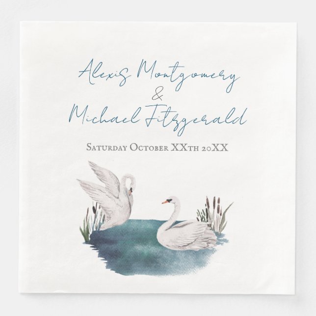 Romantic Watercolor Swans on a Pond Wedding Napkin (Front)