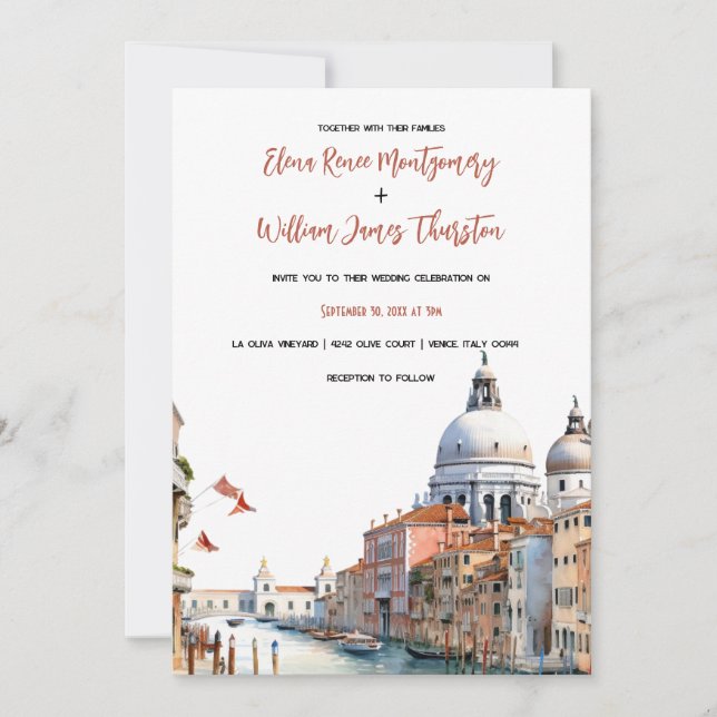 Romantic Watercolor Venice Italy Wedding  Invitation (Front)