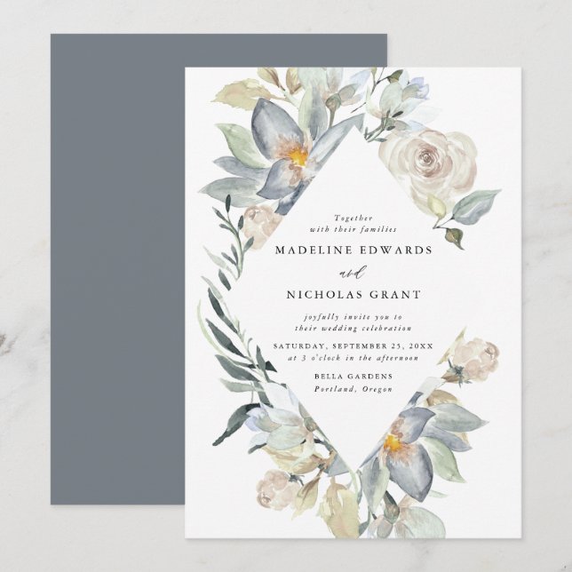 Romantic Watercolor White & Blue Floral Wedding Invitation (Front/Back)