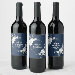 Romantic watercolor white flowers wedding custom wine label