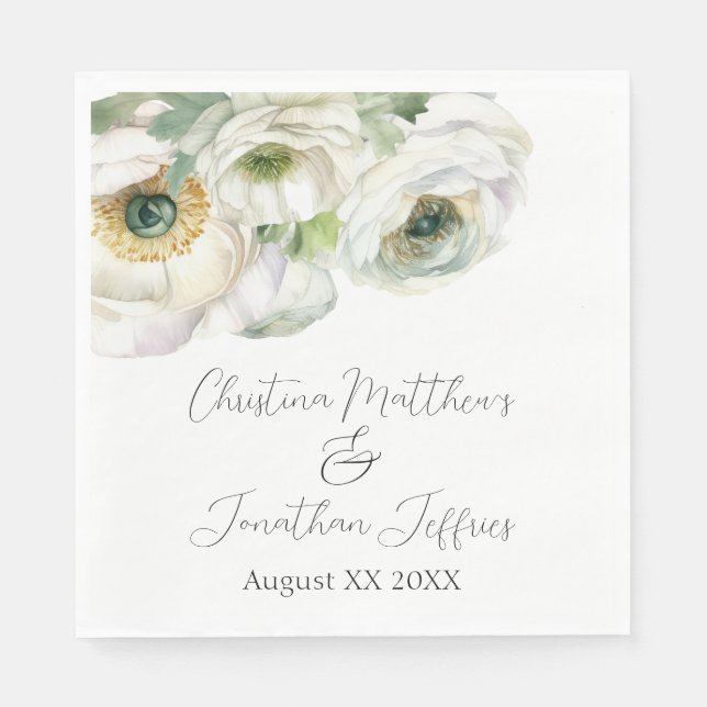 Romantic Watercolor White Ranunculus Napkin (Front)