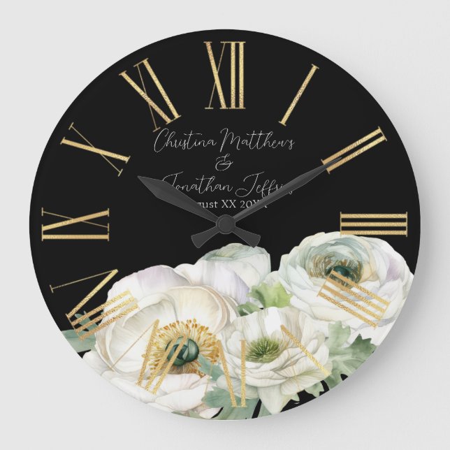 Romantic Watercolor White Ranunculus on Black Large Clock (Front)