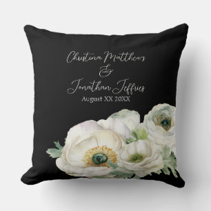 Romantic Watercolor White Ranunculus on Black Throw Pillow
