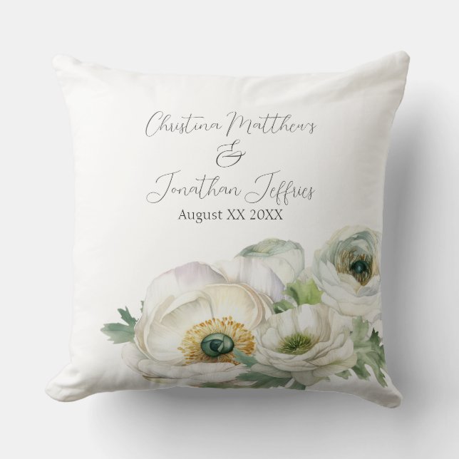 Romantic Watercolor White Ranunculus Throw Pillow (Front)