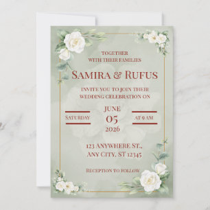 Romantic Watercolor White Roses Sage Green Wedding Invitation