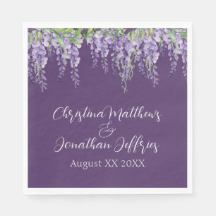 Romantic Watercolor Wisteria on Dark Purple Napkin