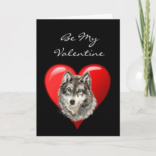 Romantic  Watercolor Wolf Valentine Holiday Card (Front)
