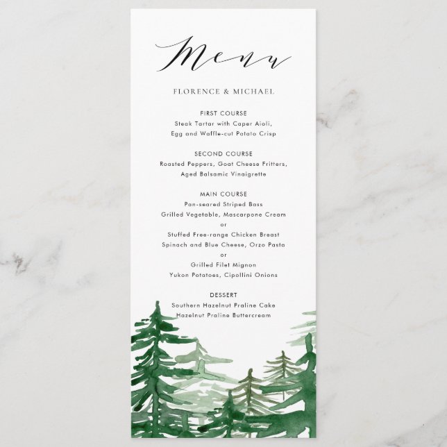 Romantic Watercolor Woodland Menu Card (Front)