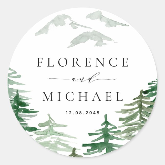 Romantic Watercolor Woodland Wedding Classic Round Sticker (Front)