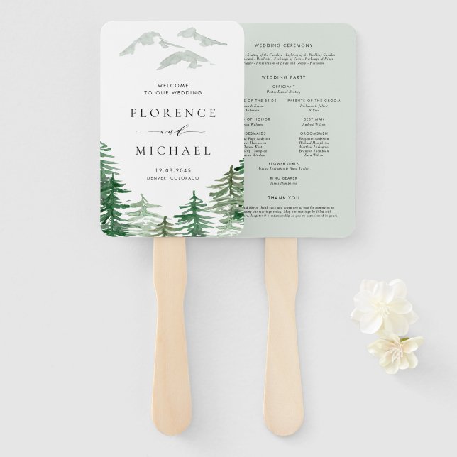 Romantic Watercolor Woodland Wedding Program Hand Fan (Front and Back)