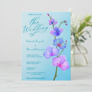 Romantic Watercolour Blue Orchids Floral Wedding Invitation