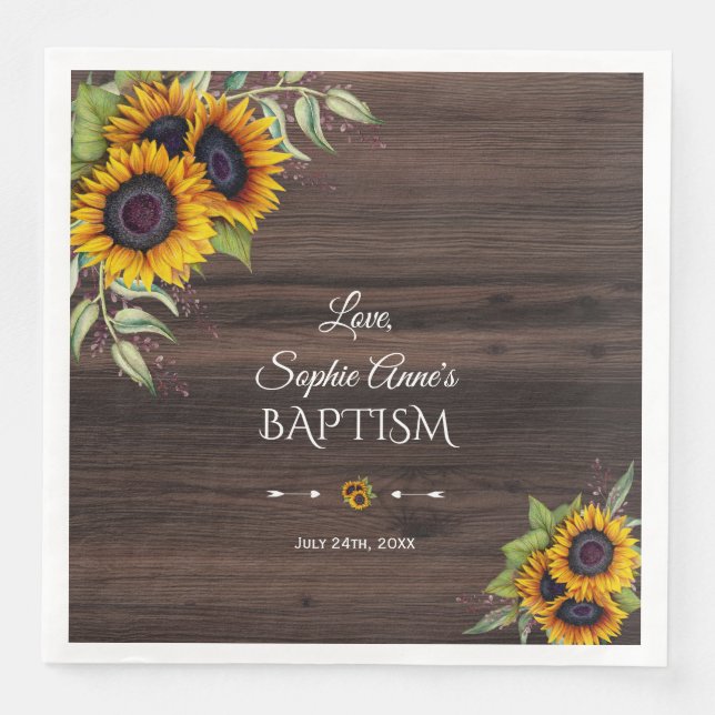 Romantic Watercolour Sunflowers Wood Baptism Napkin (Front)
