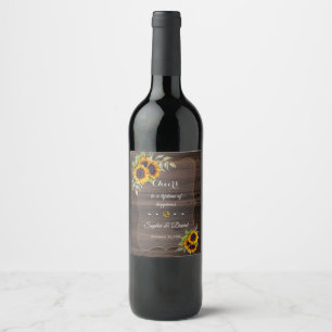 Romantic Watercolour Sunflowers Wood Wedding Wine Label
