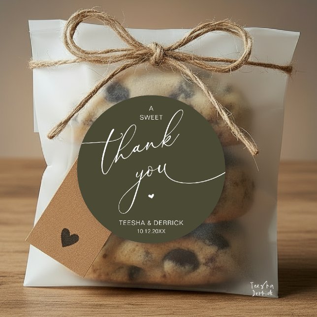 Romantic Wedding A Sweet Thank You Cookies Classic Round Sticker (Romantic Wedding A Sweet Thank You Cookies Classic Round Sticker in olive green)