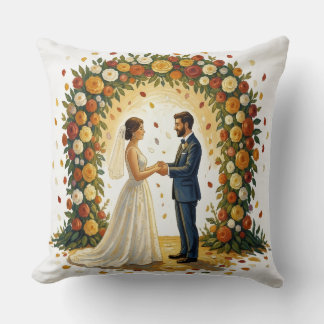 Romantic Wedding Arch Golden Roses Couple Throw Pillow