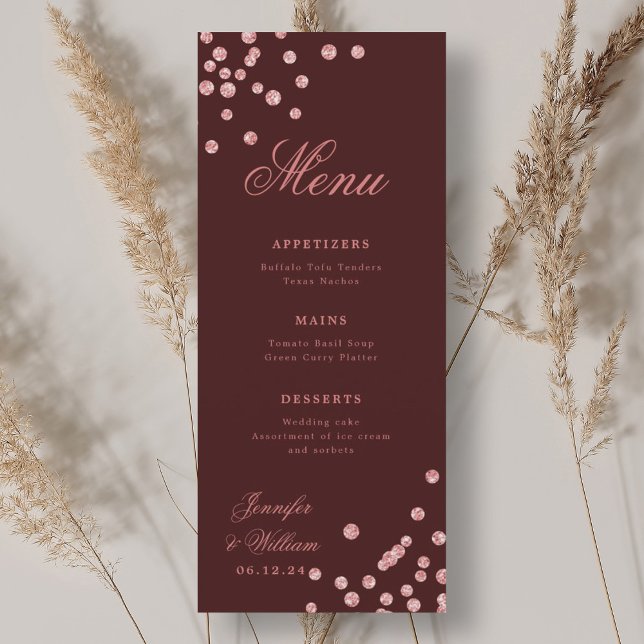 Romantic Wedding Confetti Rose Gold Burgundy  Menu (Romantic Wedding Confetti Rose Gold Burgundy Menu)
